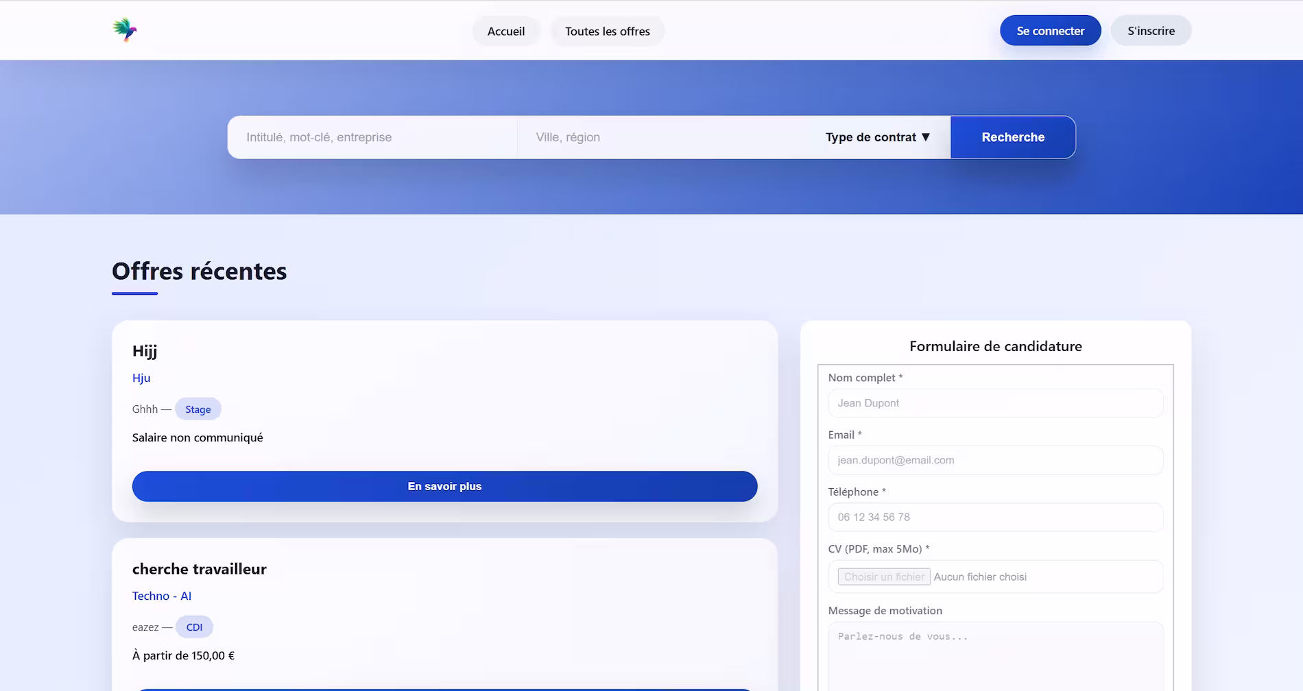 Capture du tableau de bord administrateur du Job Board affichant offres, filtres et graphiques de suivi.