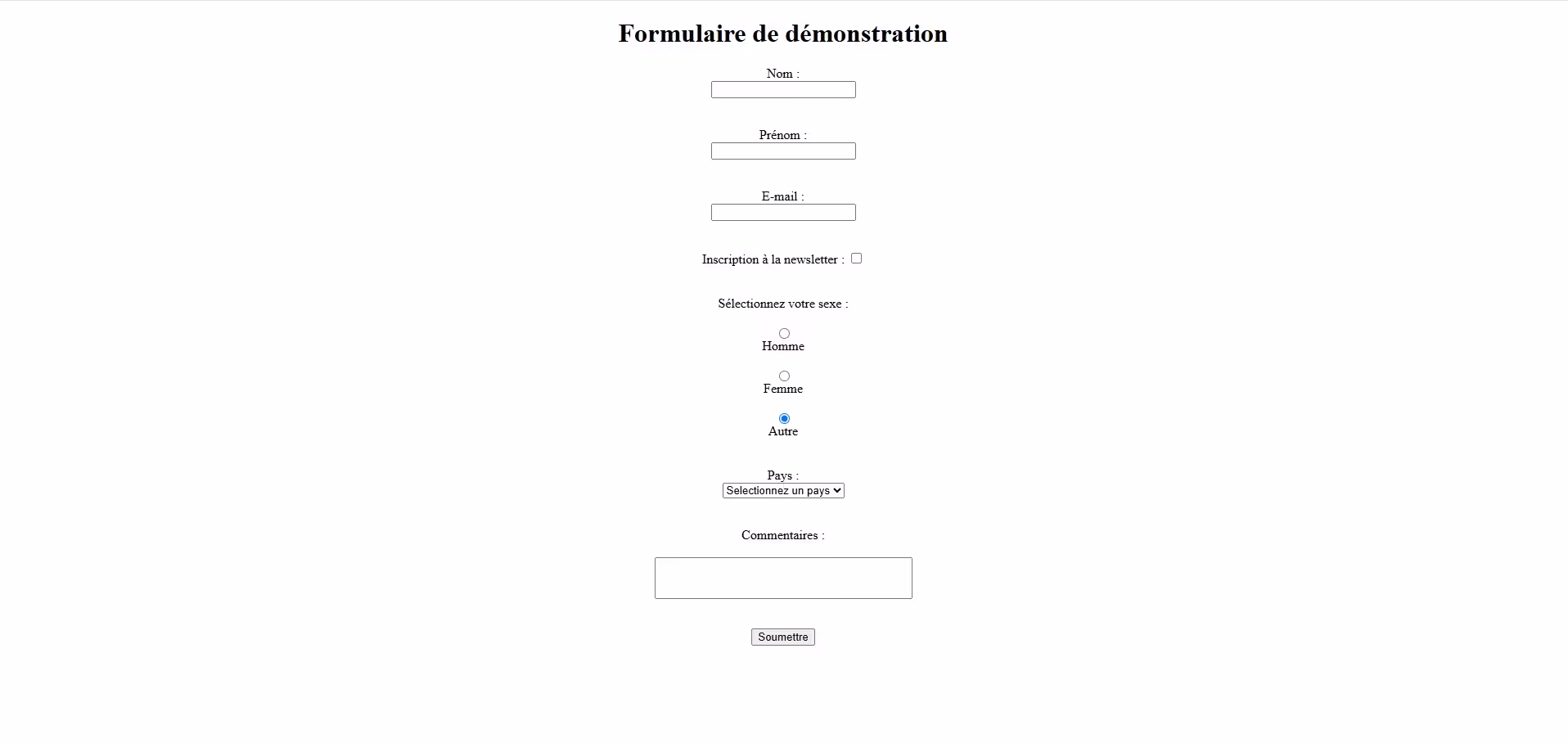 Capture d’écran d’un formulaire HTML simple avec champs de texte, bouton radio, case à cocher et menu déroulant, sur fond blanc.