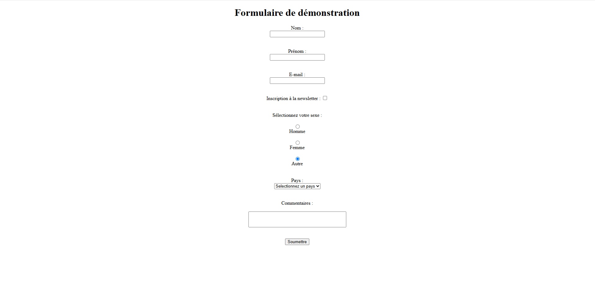 Capture d’écran d’un formulaire HTML simple avec champs de texte, bouton radio, case à cocher et menu déroulant, sur fond blanc.