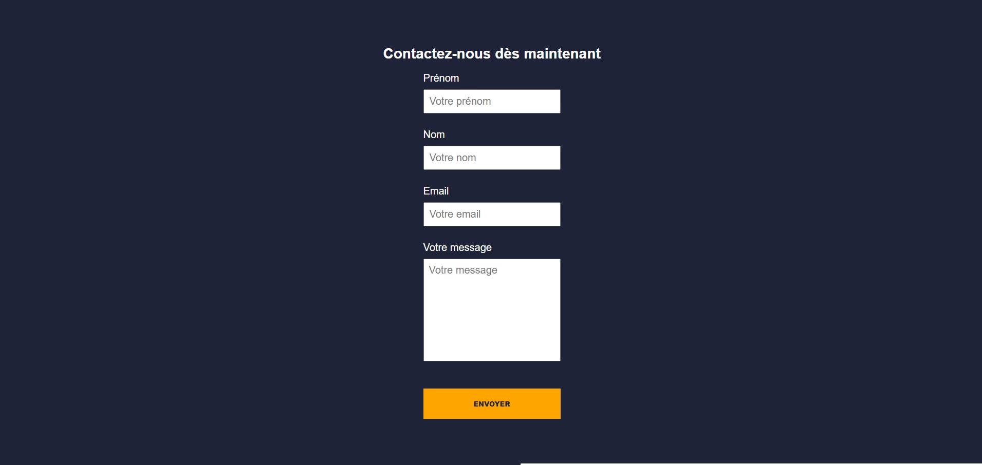 Formulaire de contact moderne avec champs alignés et bouton orange.